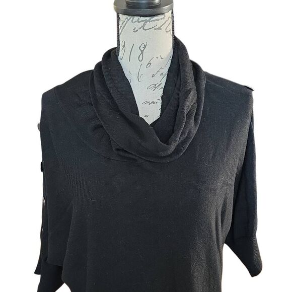 Women's Size Large Black 3/4 Sleeve Knit Cowl Neck Button Detail Dress - Picture 2 of 4